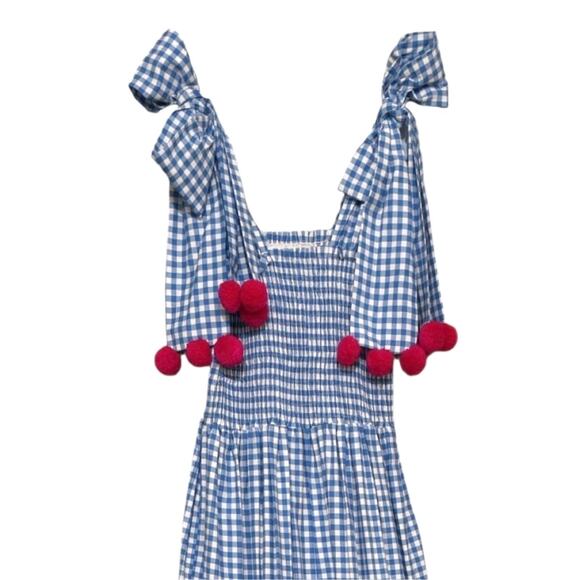 Sundress Pippa Maxi Dress Women's M/L Blue Gingham Check Pink Pom Pom Boho - Picture 4 of 8